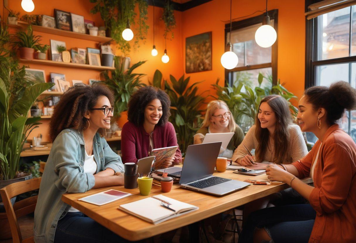 A colorful gathering of diverse individuals surrounded by laptops, sketchbooks, and art supplies, sharing ideas and inspiration in a cozy, vibrant cafe setting. The atmosphere should be uplifting and collaborative, with plants and warm lighting enhancing the creativity. Focus on expressions of joy and empowerment. super-realistic. vibrant colors. warm background.