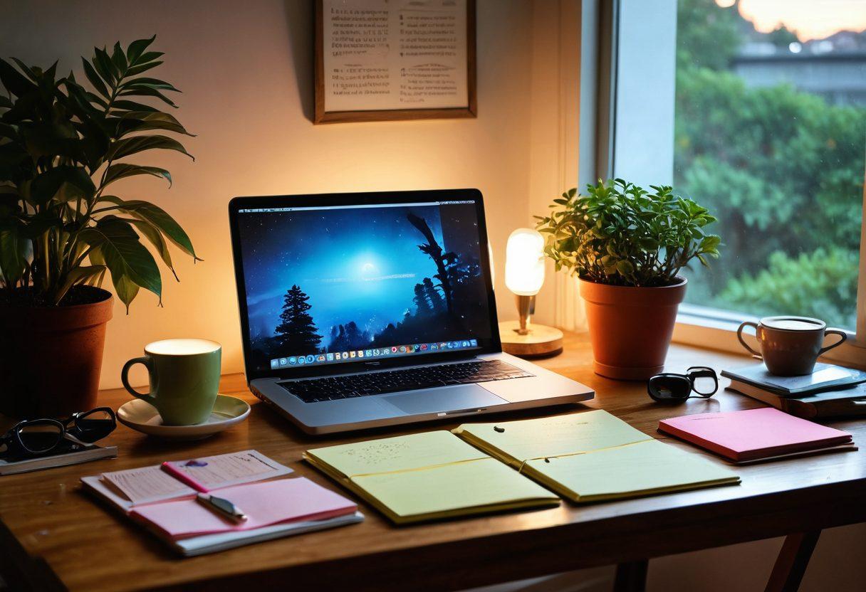 A cozy, inviting workspace filled with a blend of analog and digital elements: a vintage diary open with handwritten notes, a modern laptop displaying a vibrant blog interface, a cup of steaming tea, and colorful sticky notes scattered around. Soft, warm lighting enhances the atmosphere, with a hint of greenery from a nearby plant, symbolizing growth and transformation. super-realistic. vibrant colors. warm lighting.